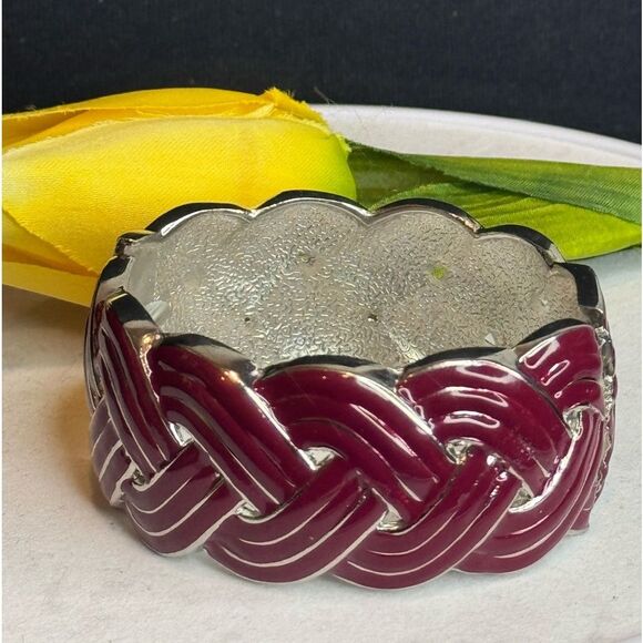 Chunky Plum and Silver Braided Design Hinged Bangle Bracelet NWOT - Picture 1 of 11